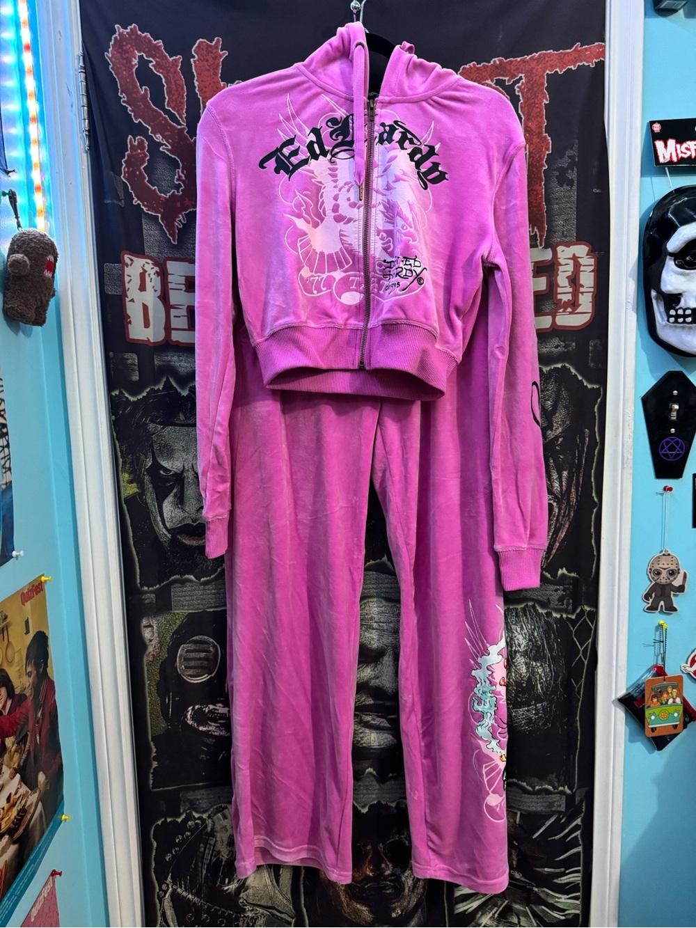 Ed Hardy Pink Lavender Velour Zip Hoodie & Wide-Leg Pants Set